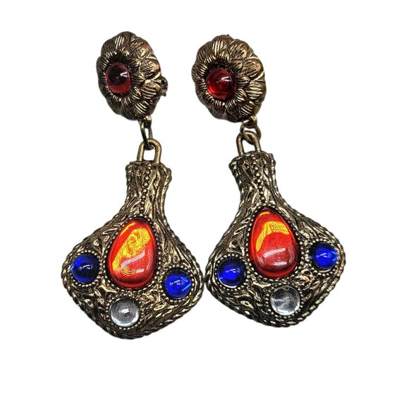 Vintage 1960s 70s Boho Clip On Earrings Red Blue White Cabochon Gold Tone Dangle - Picture 4 of 13